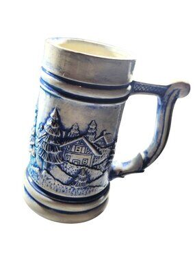 Vtg Mug Blue White Ceramic Stein Village Hays christmas winter cottagecore
